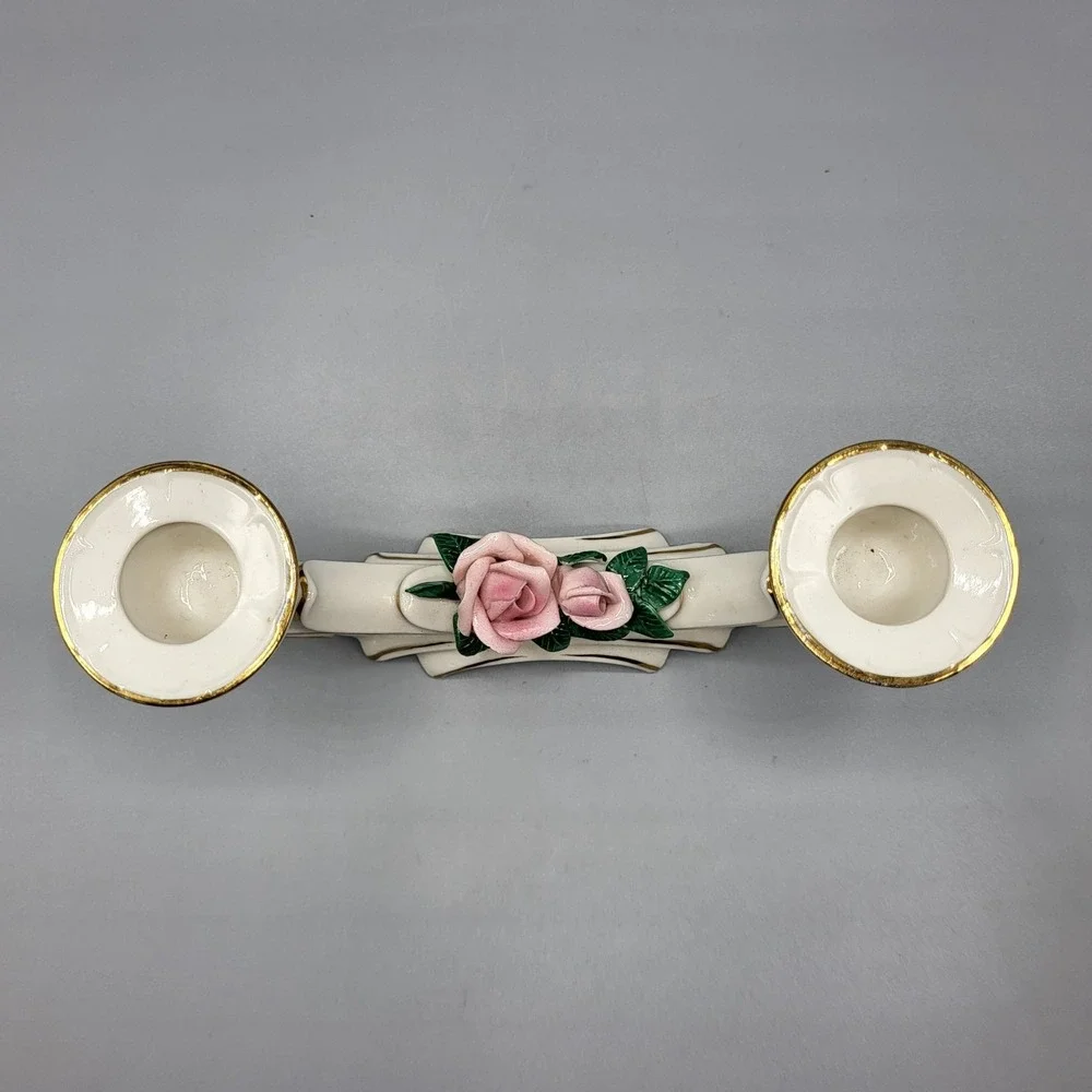 Vtg Dresden Porcelain Rose Double Candle Holder Candlestick Set of 2 Germany